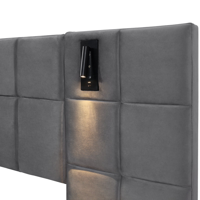 Lit coffre king en velours gris avec éclairage et prises USB 180*200 PERMAFROST