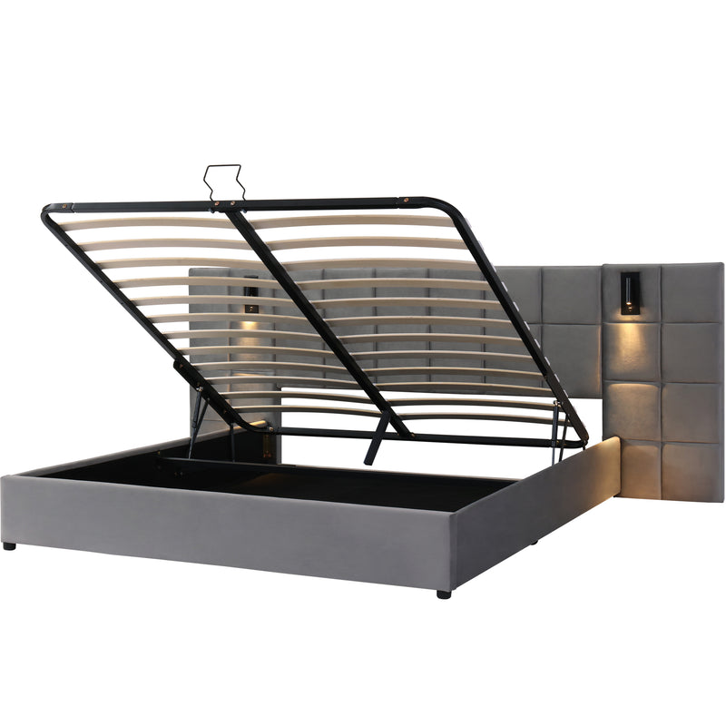 Lit coffre king en velours gris avec éclairage et prises USB 180*200 PERMAFROST