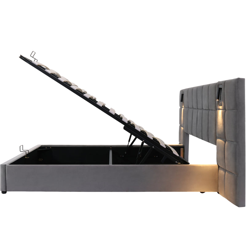 Lit coffre king en velours gris avec éclairage et prises USB 180*200 PERMAFROST
