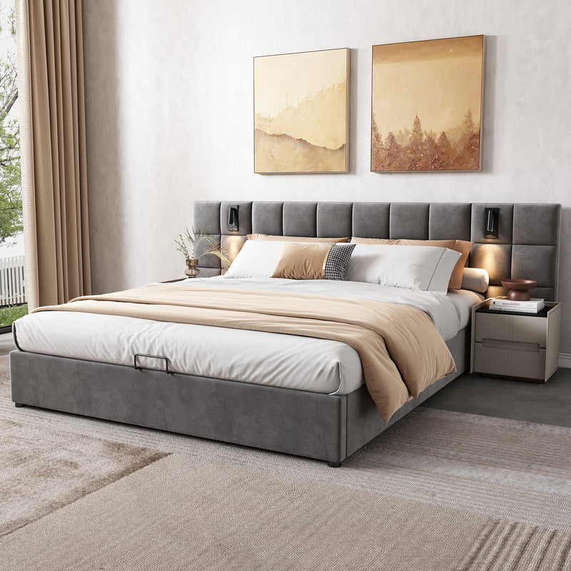 Lit coffre king en velours gris avec éclairage et prises USB 180*200 PERMAFROST