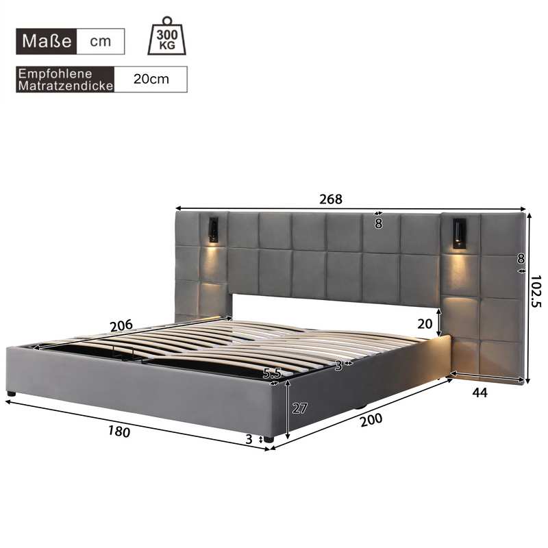 Lit coffre king en velours gris avec éclairage et prises USB 180*200 PERMAFROST