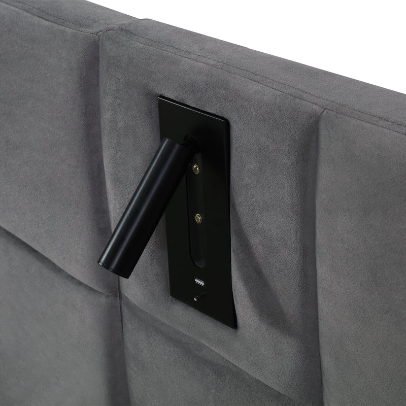 Lit coffre king en velours gris avec éclairage et prises USB 180*200 PERMAFROST