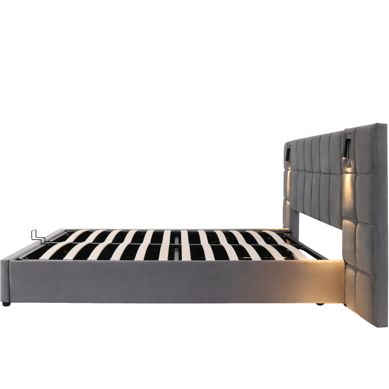 Lit coffre king en velours gris avec éclairage et prises USB 180*200 PERMAFROST