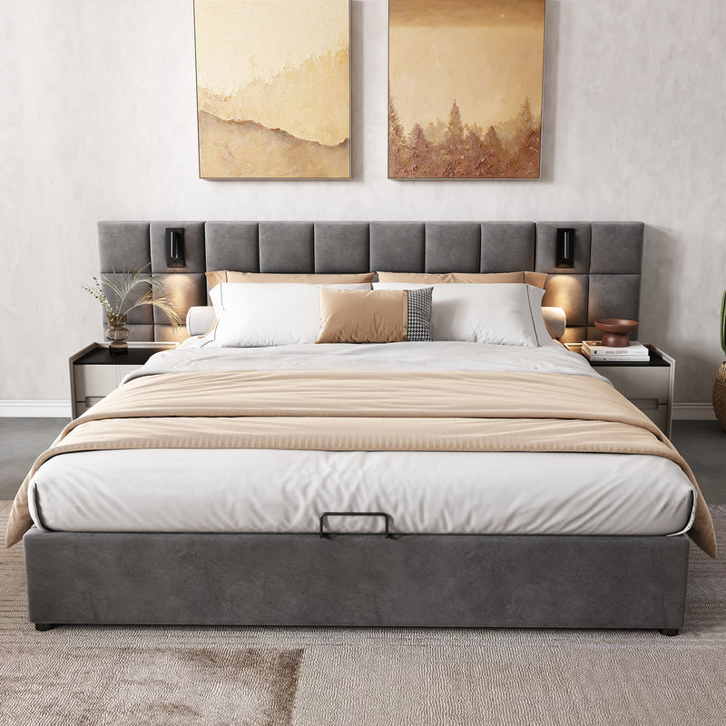 Lit coffre king en velours gris avec éclairage et prises USB 180*200 PERMAFROST