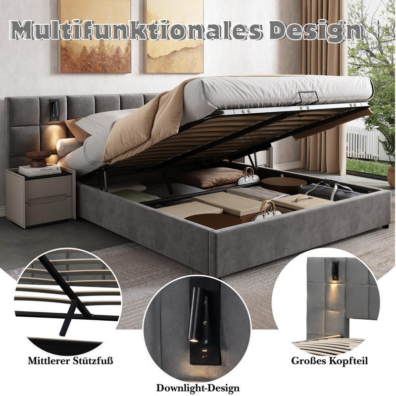 Lit coffre king en velours gris avec éclairage et prises USB 180*200 PERMAFROST