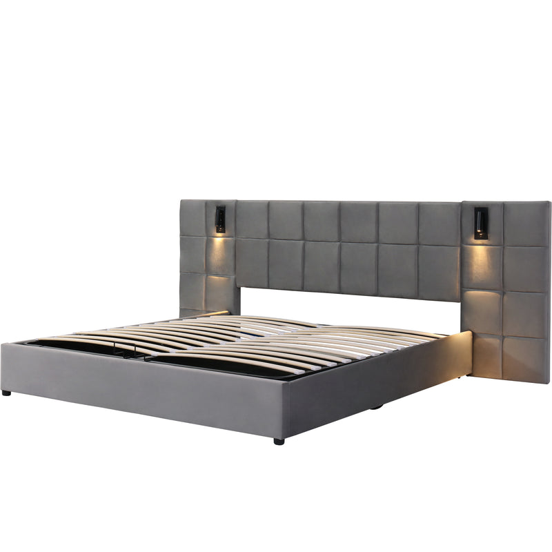Lit coffre king en velours gris avec éclairage et prises USB 180*200 PERMAFROST