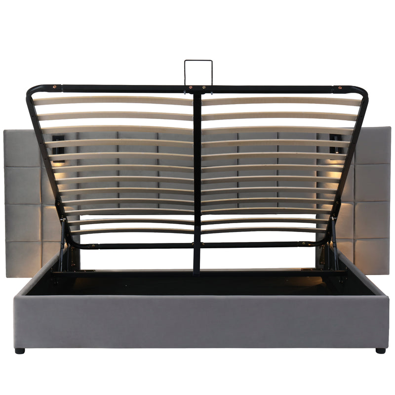 Lit coffre king en velours gris avec éclairage et prises USB 180*200 PERMAFROST