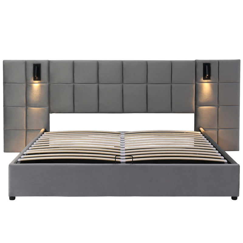 Lit coffre king en velours gris avec éclairage et prises USB 180*200 PERMAFROST