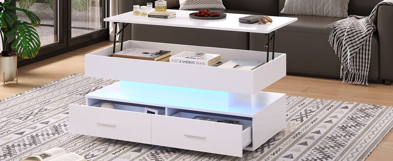 Table basse blanche plateau relevable à hauteur réglable 2 tiroirs et espace de rangement ouvert avec éclairage LED 100*50*44 cm ZAKS WHITE