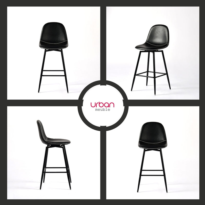 Lot de 2 tabourets de bar pivotants en PU noir de style industriel surpiqûres blancs CHARLTON COUNTER BLACK PU BLACK LEG 2PCS