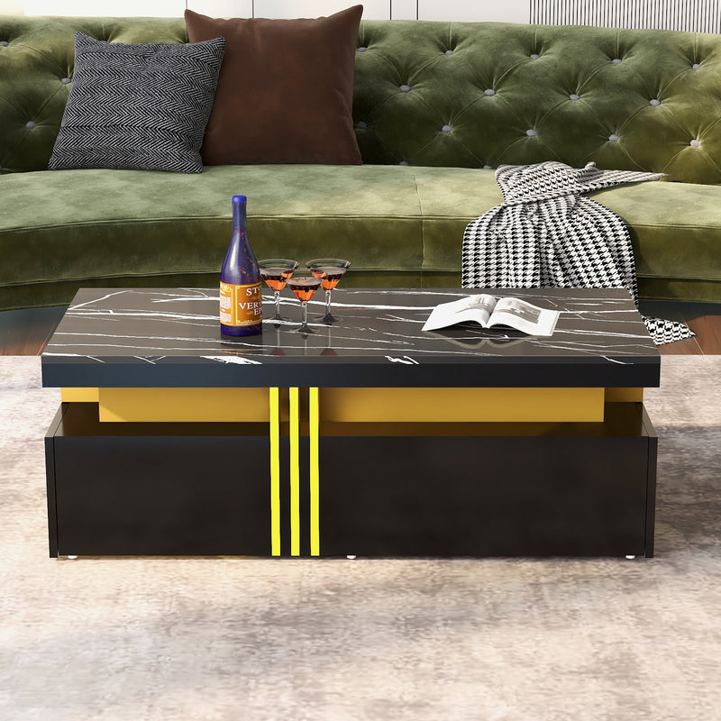 Table basse rectangulaire effet marbre noir brillant avec 2 tiroirs 100*50*40 cm GEVREITS BLACK