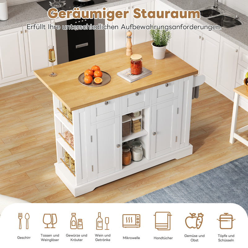 Îlot de cuisine blanc et effet bois avec plateau extensible, rangement et ports USB AMYLOPECT