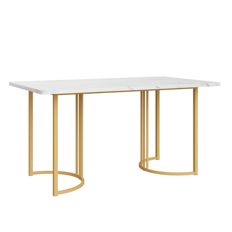 Table de salle à manger rectangulaire moderne en motif marbre blanc pieds dorés 140x80 cm ZUNCAX