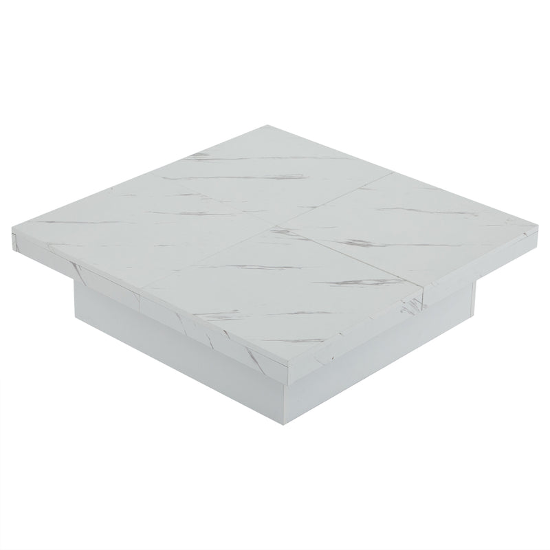 Table basse carrée moderne blanche effet marbre 4 tiroirs plateau coulissant 90x90x25cm Khekried