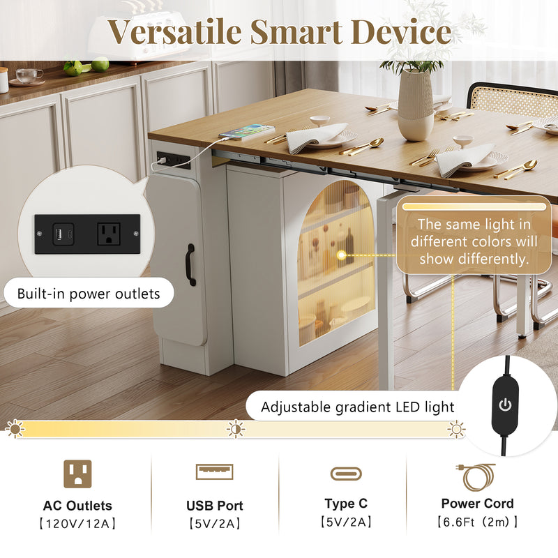 Îlot de cuisine mobile et table à manger extensible avec roulettes, éclairage LED avec prises intégrées (blanc et bois naturel) SALNIED
