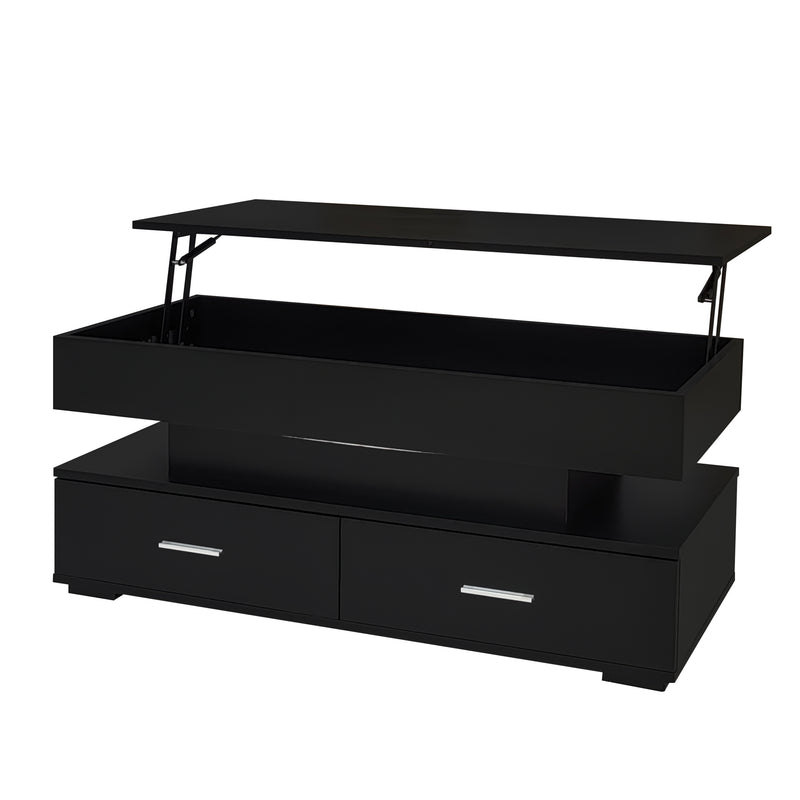 Table basse noir plateau relevable à hauteur réglable 2 tiroirs et espace de rangement ouvert avec éclairage LED 100*50*44 cm ZAKS BLACK