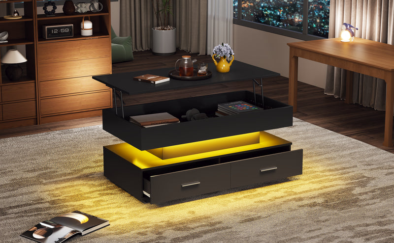 Table basse noir plateau relevable à hauteur réglable 2 tiroirs et espace de rangement ouvert avec éclairage LED 100*50*44 cm ZAKS BLACK