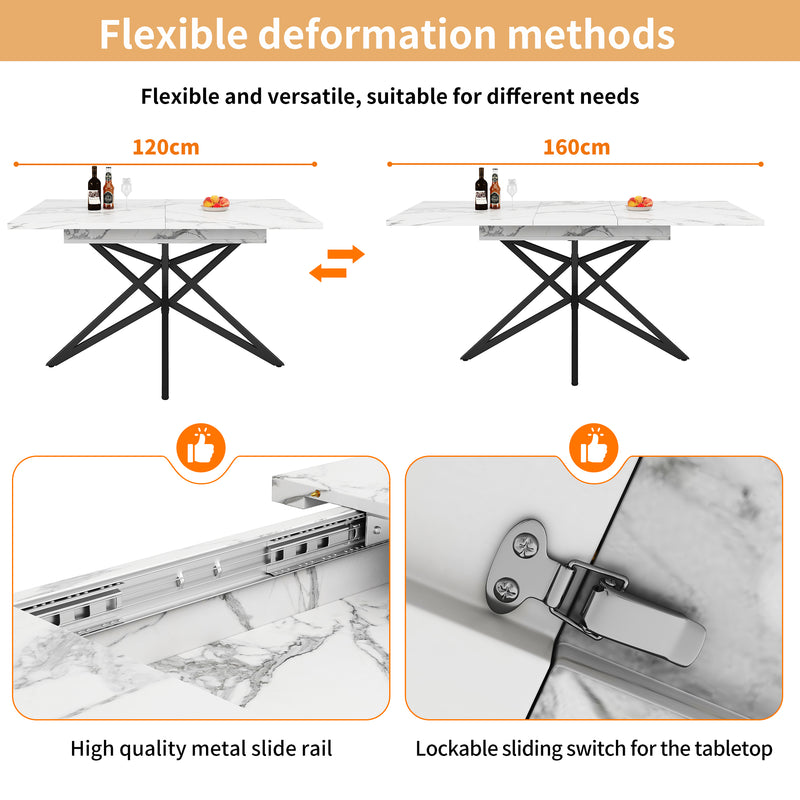 Table à manger extensible imitation marbre blanc 120-160cm et pieds noir en forme d&