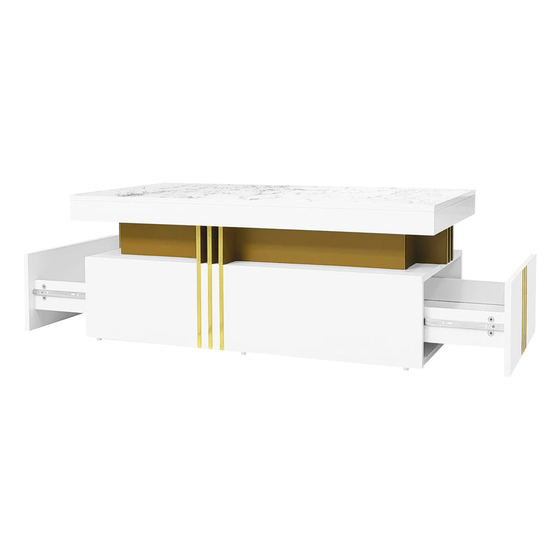 Table basse rectangulaire effet marbre blanche brillante avec 2 tiroirs 100*50*40 cm GEVREITS WHITE