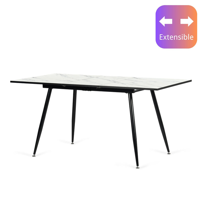 Table de salle à manger rectangulaire extensible blanche effet marbre de style scandinave pieds noir 120-160 WHALEN WHITE MARBLE STRETCH TABLE BLACK LEG