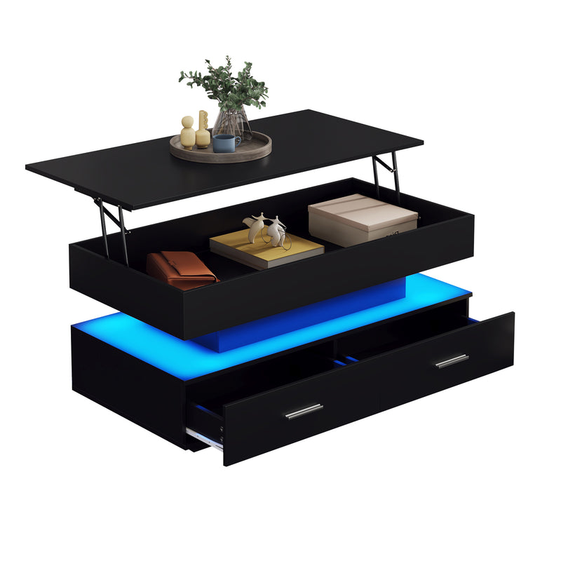 Table basse noir plateau relevable à hauteur réglable 2 tiroirs et espace de rangement ouvert avec éclairage LED 100*50*44 cm ZAKS BLACK