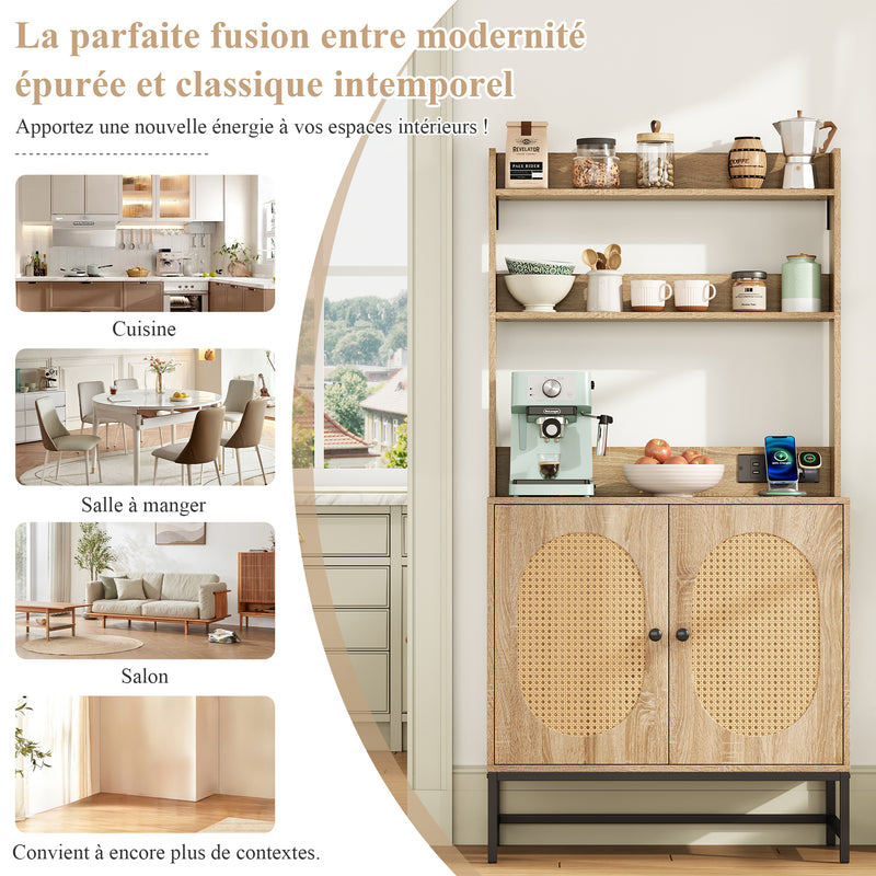 Buffet haute en MDF décor chêne naturel avec portes en rotin, prise USB intégrée PEAKFLOW