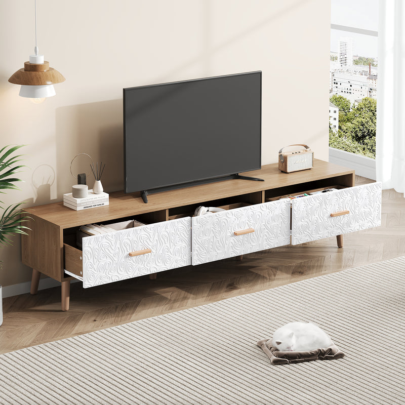 Meuble TV effet bois clair 3 tiroirs et porte blanc avec motif texturé 150x35x39cm ORKUDS