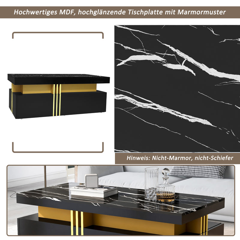 Table basse rectangulaire effet marbre noir brillant avec 2 tiroirs 100*50*40 cm GEVREITS BLACK