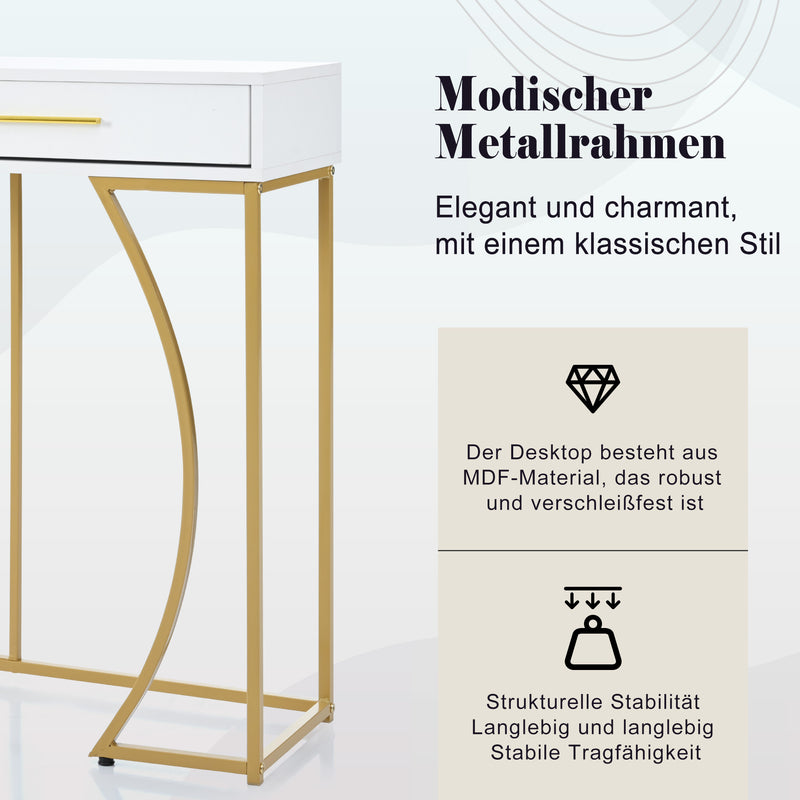 Table console blanche design et structure couleur dorée couloir avec 2 tiroirs 120x38x76cm ANNAN