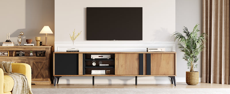 Meuble TV marron rustique effet bois et noir avec porte et compartiment ouvert ICAN