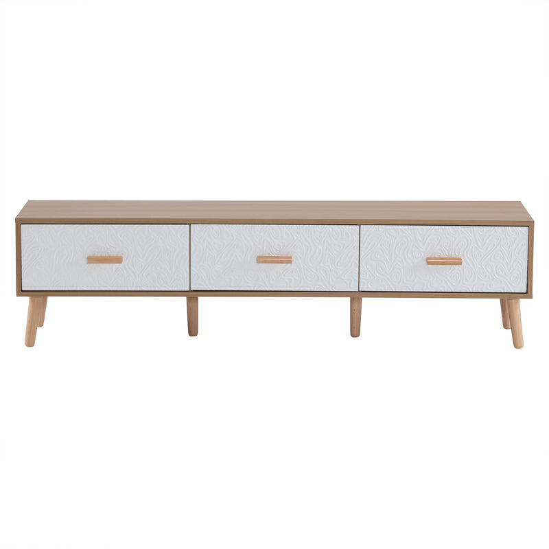 Meuble TV effet bois clair 3 tiroirs et porte blanc avec motif texturé 150x35x39cm ORKUDS