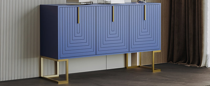 Commode buffet haut avec 3 portes bleu marine motif de forme U H81/B138/T40 CRUUGREN BLUE