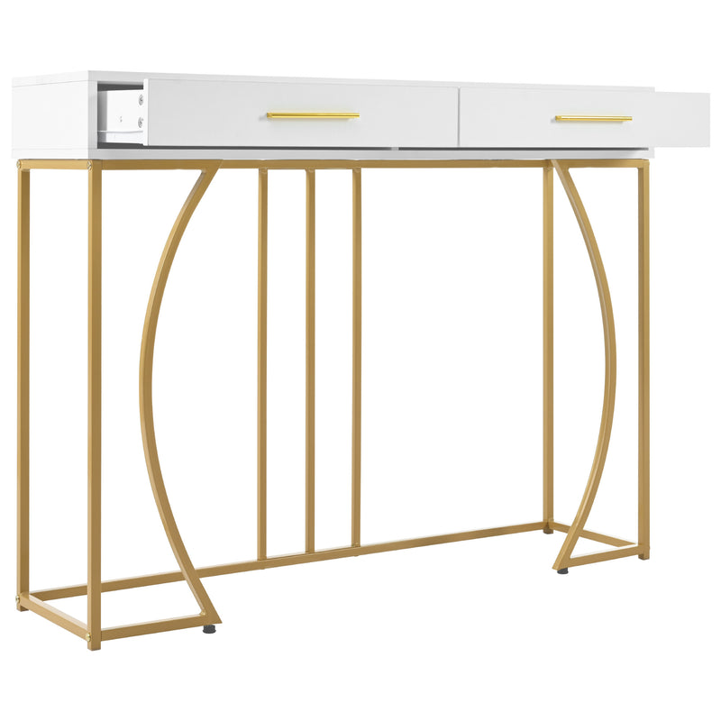 Table console blanche design et structure couleur dorée couloir avec 2 tiroirs 120x38x76cm ANNAN