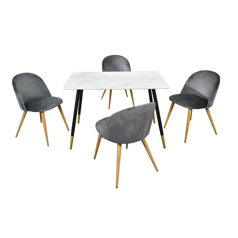 Skandinavisches Tisch- und 4-Stühle-Set mit Marmoreffekt und grauem Samt WHALEN MARBLE TABLE BG+ZOMBA GREY*2