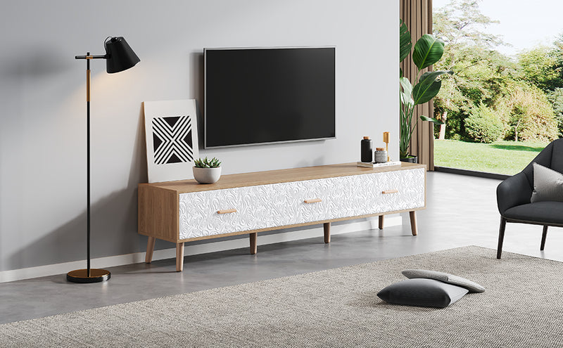 Meuble TV effet bois clair 3 tiroirs et porte blanc avec motif texturé 150x35x39cm ORKUDS