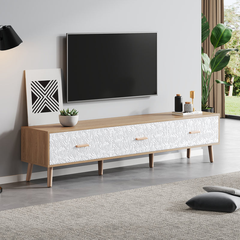 Meuble TV effet bois clair 3 tiroirs et porte blanc avec motif texturé 150x35x39cm ORKUDS