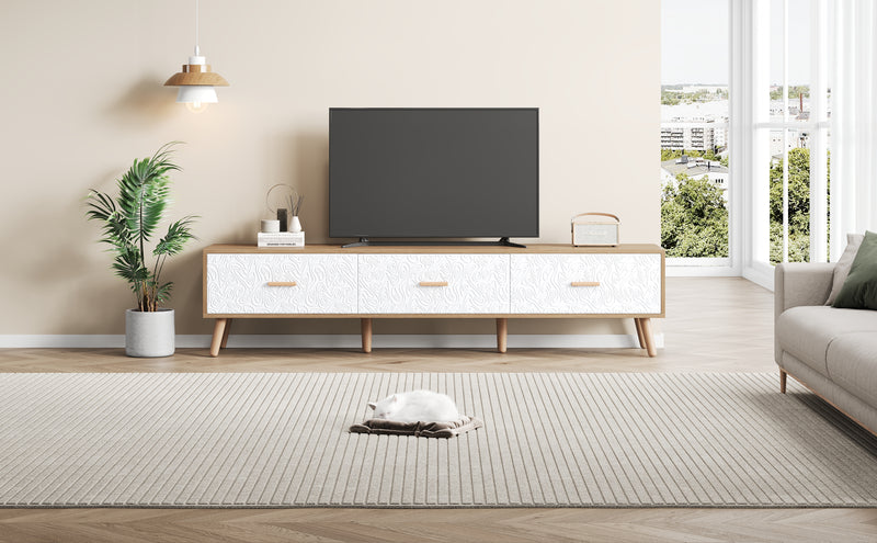 Meuble TV effet bois clair 3 tiroirs et porte blanc avec motif texturé 150x35x39cm ORKUDS