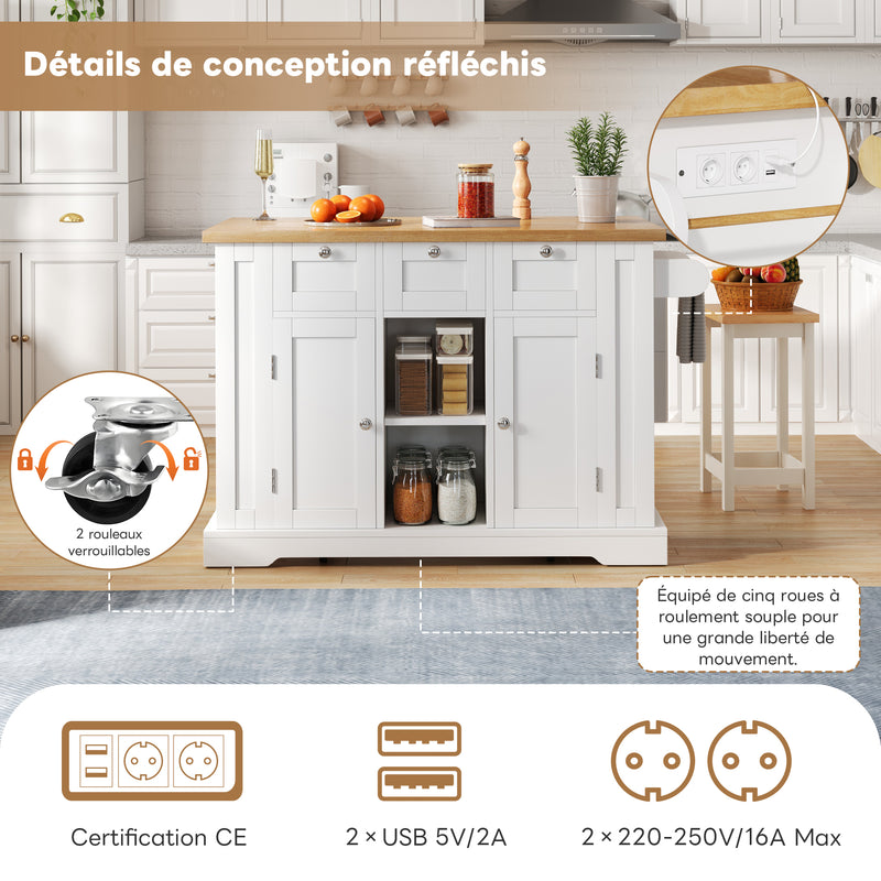 Îlot de cuisine blanc et effet bois avec plateau extensible, rangement et ports USB AMYLOPECT