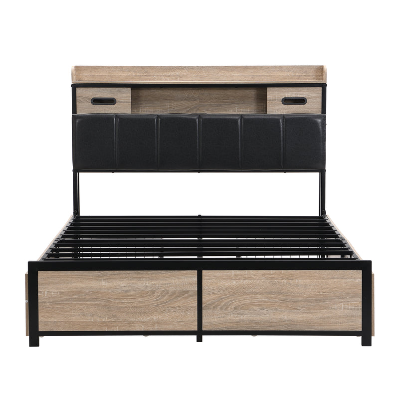 Lit double cadre métallique effet bois chêne avec port USB tête de lit rangement, 4 grands tiroirs sous lit et sommier sans matelas 140*200cm CROKWUN DOUBLE OAK