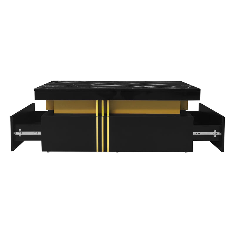 Table basse rectangulaire effet marbre noir brillant avec 2 tiroirs 100*50*40 cm GEVREITS BLACK