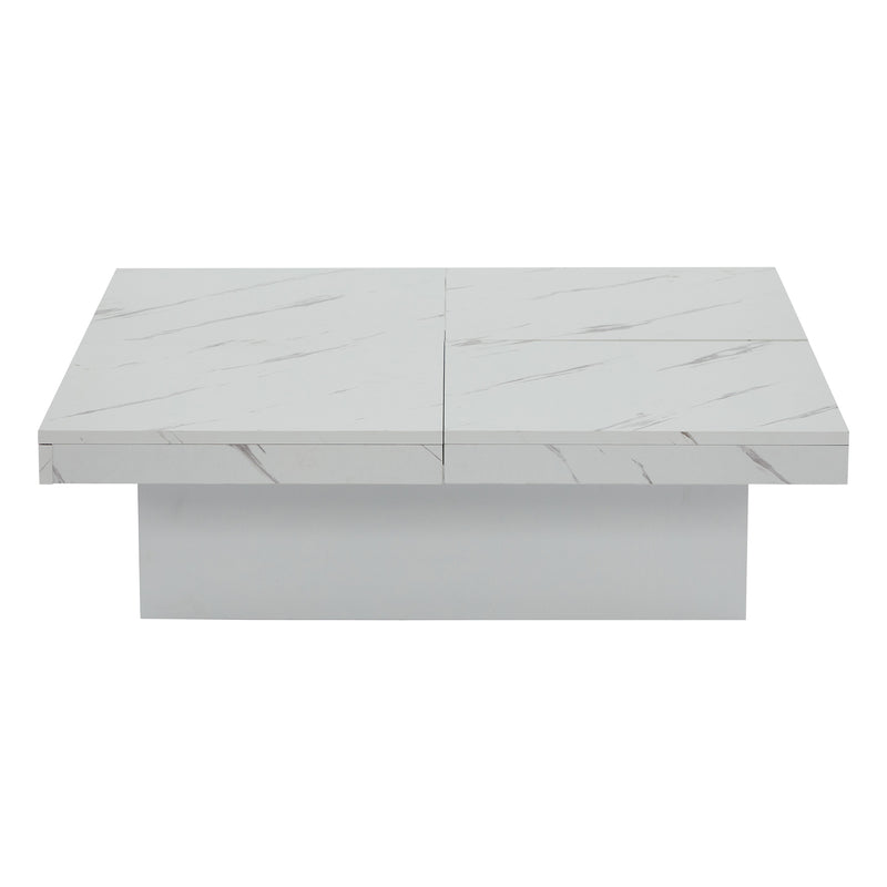 Table basse carrée moderne blanche effet marbre 4 tiroirs plateau coulissant 90x90x25cm Khekried