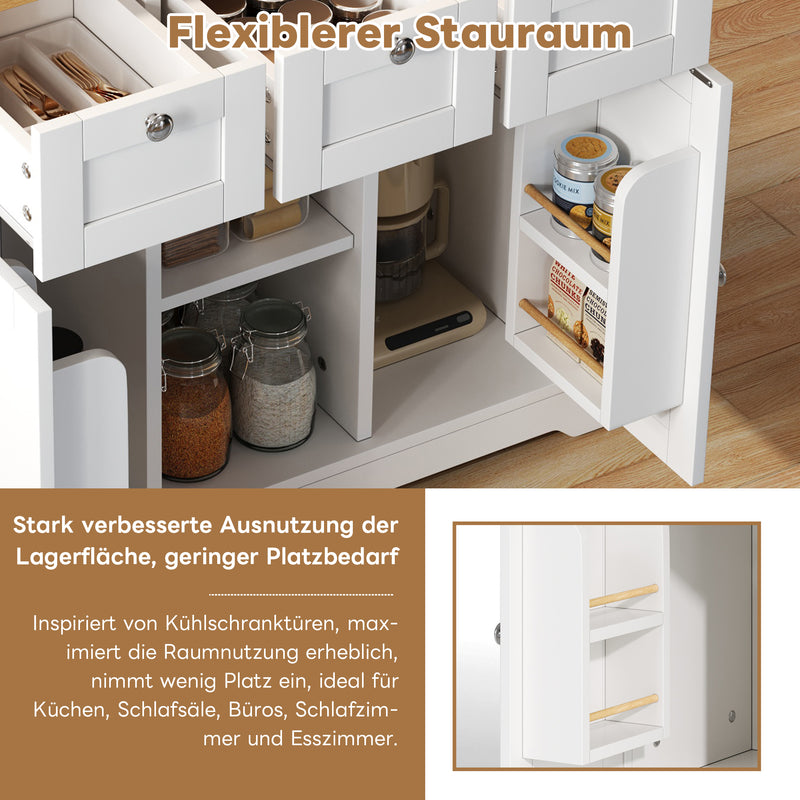 Îlot de cuisine blanc et effet bois avec plateau extensible, rangement et ports USB AMYLOPECT