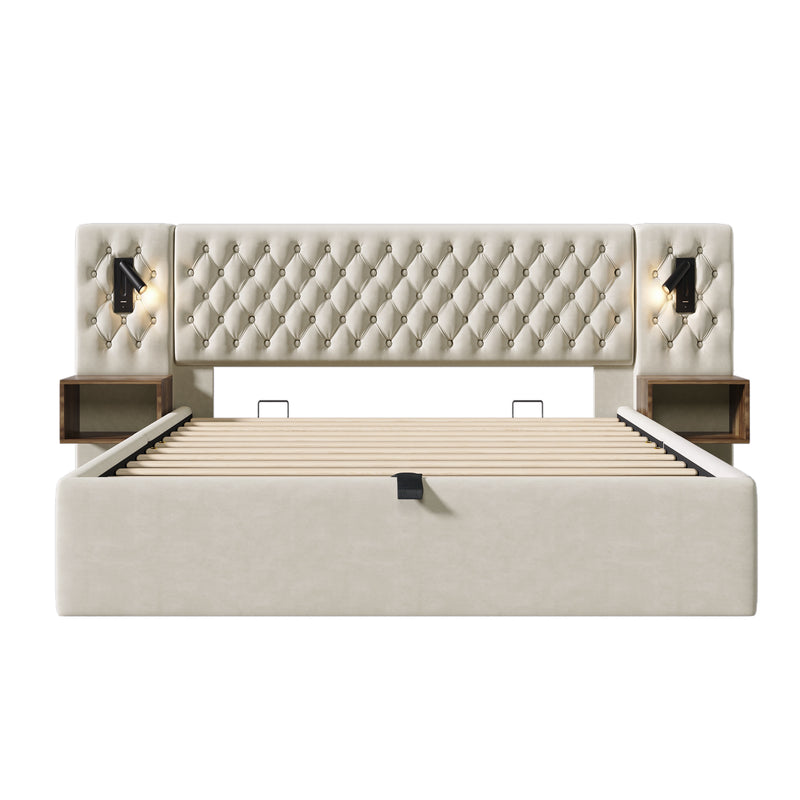 Ensemble lit coffre king capitonné velours beige avec 2 tables de chevet, lampe de lecture tête de lit avec fonction de chargement USB (sans matelas) Keco