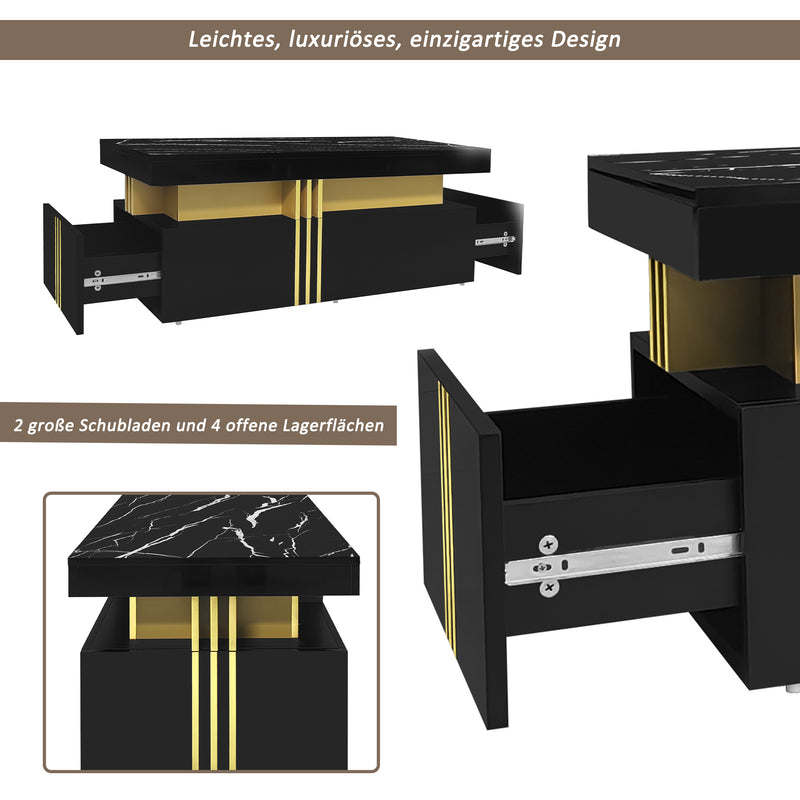 Table basse rectangulaire effet marbre noir brillant avec 2 tiroirs 100*50*40 cm GEVREITS BLACK