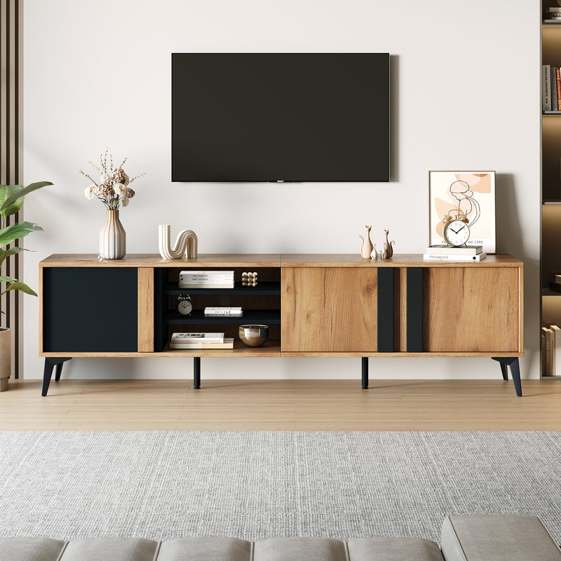 Meuble TV marron rustique effet bois et noir avec porte et compartiment ouvert ICAN