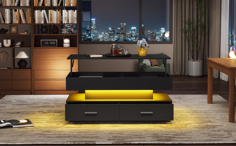 Table basse noir plateau relevable à hauteur réglable 2 tiroirs et espace de rangement ouvert avec éclairage LED 100*50*44 cm ZAKS BLACK