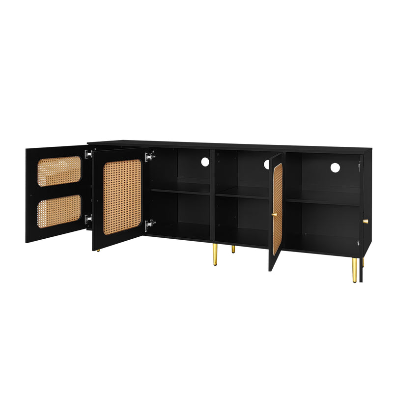 Meuble TV en rotin noir avec 4 portes en rotin, pieds et poignets dorés meubles 180x40x72cm Drezuid