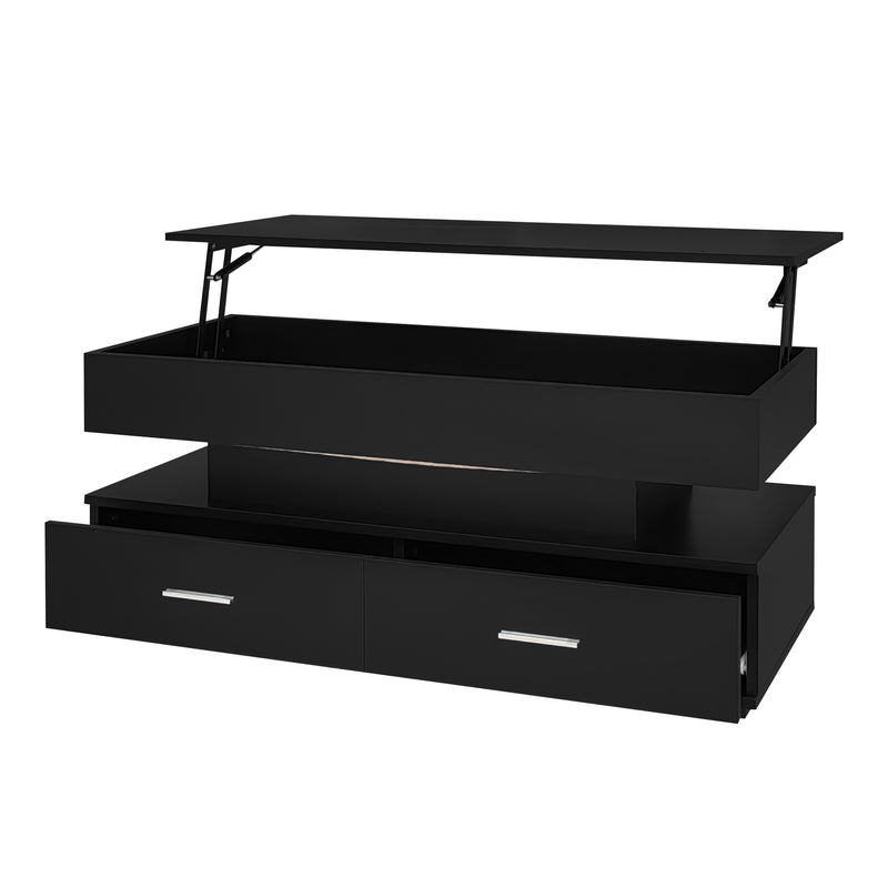 Table basse noir plateau relevable à hauteur réglable 2 tiroirs et espace de rangement ouvert avec éclairage LED 100*50*44 cm ZAKS BLACK