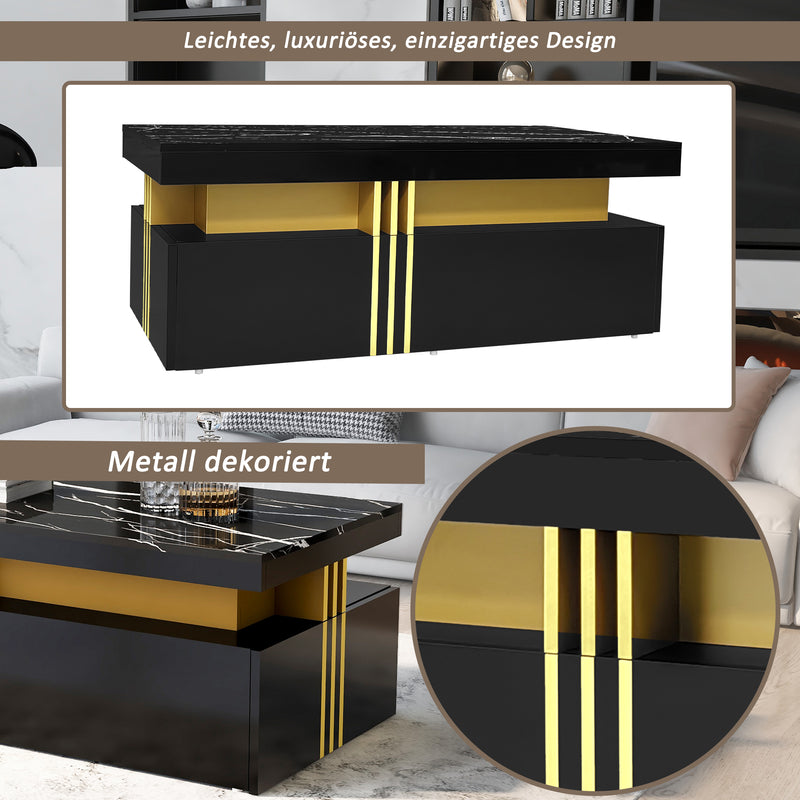 Table basse rectangulaire effet marbre noir brillant avec 2 tiroirs 100*50*40 cm GEVREITS BLACK