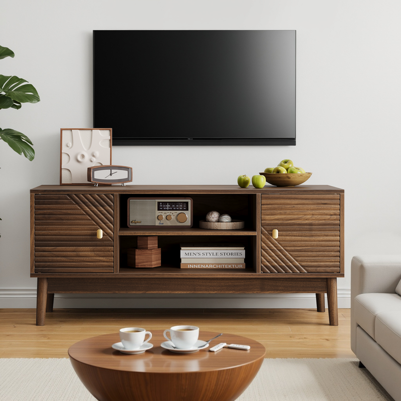 Meuble TV effet bois vintage 2 portes et 2 niches MUCILAGE